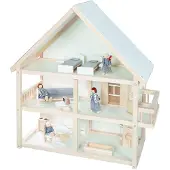 Roba Wooden Dollhouse - - 3 floors with 16 pieces of furniture and 4 dolls - Natural / White / Grey
