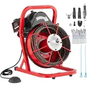 Vevor buisreinigingsmachine, 50 voet lang, 3/8 inch diameter, handmatige invoer, 250W elektrische buisreinigingsmachine met 4 snijbladen en een voetpedaal met luchtbediening