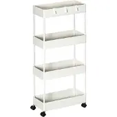 Aosom HOMdotCOM keukenwagen met 4 schappen, 3 flexibele haken, 4 wielen, 40 cm x 19 cm x 90 cm, wit