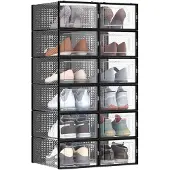 Songmics Set van 12 schoenendozen met deksels, Transparant + Zwart / 12