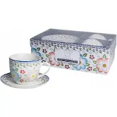 Livello Set van 2 Mokken met Schotels, Bloemendessin, 250 ml, Cadeauset