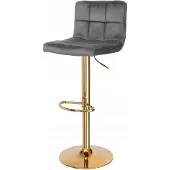 Springos Luxe Grijze Fluwelen Barkruk met Gouden Accent, Draaibaar & Verstelbaar
