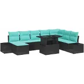 vidaXL Tuinset met 9 delen, zwart en blauw, van polyrotan