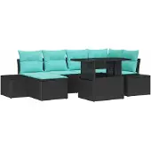 vidaXL Tuinset met 7 zitplaatsen, zwart en blauw, van polyrotan