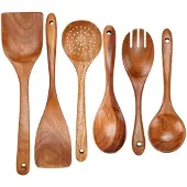 Markenlos – 6-delige set houten kooklepels van hittebestendig teak met comfortabele grip voor koken
