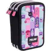 Milan Etui voor pennen, model Aliens 2, met 3 compartimenten – roze/paars