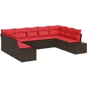 vidaXL Tuinset, 9-delig, 8 zitplaatsen, bruin en rood, kunststof riet