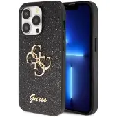 GUESS 4G Metal Logo Glitter Backcover voor de Apple iPhone 15 Pro Max - Zwart