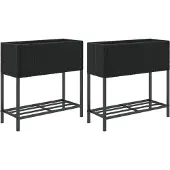 vidaXL Plantenbakken met schap 2 st 70x28x70 poly rattan zwart