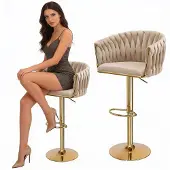Springos Luxe Beige Goud Velours Draaibare Hocker - Verstelbaar Glamour