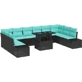 vidaXL Tuinset met 11 delen, zwart en blauw, van polyrotan