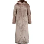 Gaubert Dames Extra Lange Fleece Badjas Met Rits En Capuchon – Zandbeige