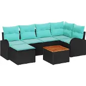 vidaXL Tuinset met 7 zitplaatsen, zwart en turquoise, van polyrotan