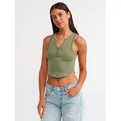 Dilvin Dames Geribbelde Cropped Blouse Met Knopen