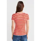 Dilvin Gestreepte Ribgebreide Blouse met Knopen aan de Voorkant