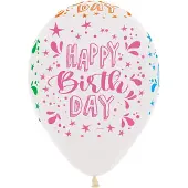 Sempertex 25x Transparante ballonnen 30 cm met Happy Birthday neon opdruk van