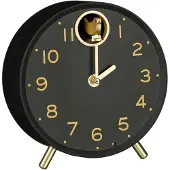 Mica Decorations Bonny Klok Zwart - Ronde Klok met Speels Vogeltje bij de 12 - Stijlvolle Tafelklok voor Dressoir, Wandplank of Vensterbank - Kunststof - H9 x Ø17,5 cm