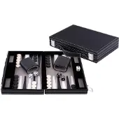 Longfield Backgammon 11 inch - Grijs, Zwart & Wit Gestikt Bord - Kunstlederen Koffer met Handvat - Engelhart