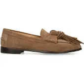 Manfield Taupe suède loafers met franjes | Maat 42