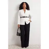 Trendyol Dames Ecru Effen Lang Regular fit Grote maten Blazers