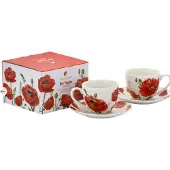 Marco polo 2x Porseleinen Mokken met Schotel, 260 ml, Klaprozen Design