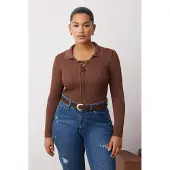 Trendyol Dames Bruin Effen Lang Getailleerd Grote maten Blouses