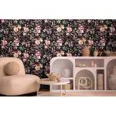 CosmoLiving by Cosmopolitan AQUAREL BLOEMEN BEHANG | Romantisch - Zwart Rose Groen Geel - CosmoLiving