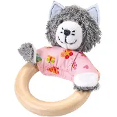Käthe Kruse houten grijpring poes 15 cm roze/grijs