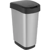 Rotho Twist afvalbak met swingdesksel 50L - zilvermetaalkleurig - BPA-vrij - incl 6 sticker voor diverse afvalstromen
