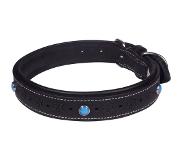 Dielay Luxe Halsband voor Honden - Steentjes en Bloemen - Echt Leer / Leder - Maat M - 53x2,5 cm - Zwart