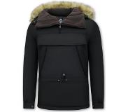 Beluomo Anorak Heren Jas Over je Hoofd met Bontkraag - Zwart