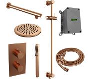 Brauer Copper Edition inbouwset met 3-weg thermostaat - hoofddouche 20cm - rechte wandarm 40cm - staafhanddouche - glijstang met aansluitbocht - geborsteld koper PVD