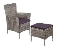 vidaXL Tuinstoel en kruk met kussens poly rattan grijs