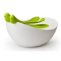 Qualy/New Arriva Co.,Ltd. Qualy - Slabak Met Vogeltjes Bestek - Sparrow Salad Bowl & cutlery - Groen