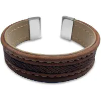 CO88 Collection Collection 8CB-19003 - Lederen bangle met staal elementen - touw patroon - one-size - bruin / taupe / zilverkleurig