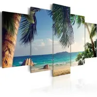 Karo-art Canvas Schilderij - Onder de palmbomen, blauw/groen, 5luik, 2 maten