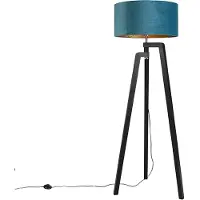 QAZQA Vloerlamp tripod zwart met blauwe kap en goud 50 cm - Puros