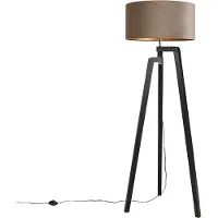 QAZQA Vloerlamp tripod zwart met taupe kap en goud 50 cm - Puros