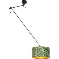 QAZQA Hanglamp zwart met velours kap blauw met goud 35 cm - Blitz