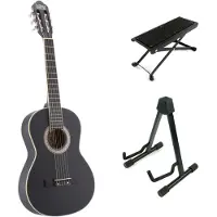 Lapaz C30BK klassieke gitaar 3/4-formaat zwart + statief + voetenbankje