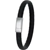 Lucardi Stalen herenarmband gevlochten leer zwart
