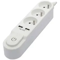 Chacon Power strip with switch. 3 x 16 A sockets and 2 x 2 A USB outputs. 1.5 m white cable