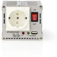 Nedis Omvormer Gemodificeerde Sinusgolf - Ingangsvoltage: 24 V DC - Apparaat stroomoutput: Type F (CEE 7/3) / USB-A - 230 V AC 50 Hz - 300 W - Piekvermogen: 600 W - Accuklemmen + Aansteker - Zilver