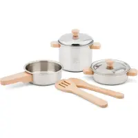 Woet Metalen Pannenset - 7-delige Set met Houten Kookgerei - Speelgoed Keukenset - Speelgoedkeuken Accessoires voor Kinderen - Rollenspel Keukenspeelgoed - Vanaf 2 Jaar