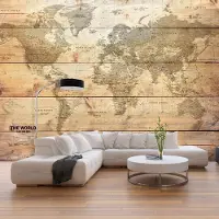 Karo-art Fotobehang - Wereldkaart op planken (Behang)