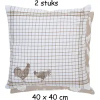 Clayre & Eef - Sierkussenhoes kussenhoes - textielserie Landelijk - geruit - Kippen & Hanen - 40 x 40 cm - 2 stuks