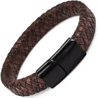 Rhylane Gevlochten Heren Armband – 100% Echt Leder & Edelstaal – Magneetsluiting – 18.5 cm – Bruin & Zwart -
