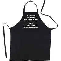 Kariban Mijncadeautje Schort - Slordig gelukkig - opdruk wit - mooie en exclusieve keukenschort - zwart