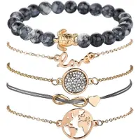 Rhylane – Set 5 Armbanden Schildpad, Love, Steen, Infinity, Wereldbol - Cadeau Armbanden – Incl. Cadeauverpakkingen