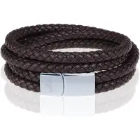 Memphis dubbele wrap armband Leer Bruin Zilver-19cm